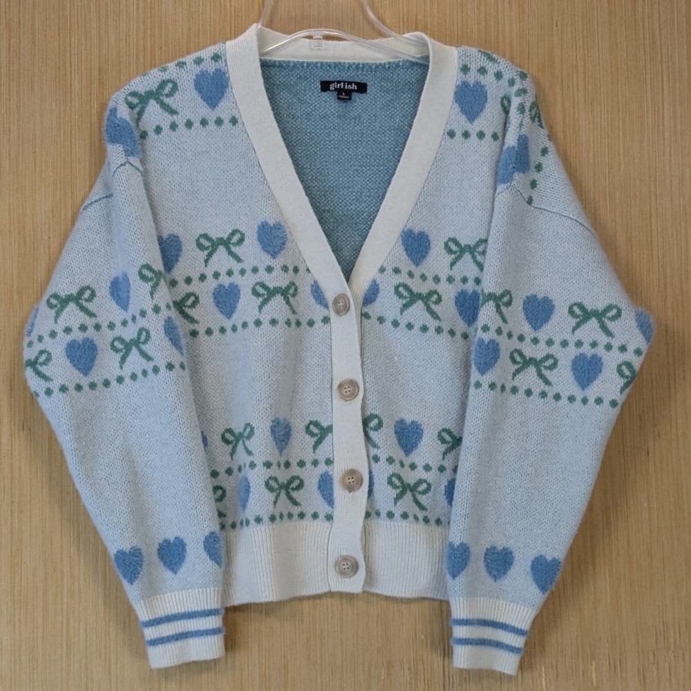 Womens Coquette Cozy Blue Heart Green Bow Knit Cardigan Sweater Womens Large